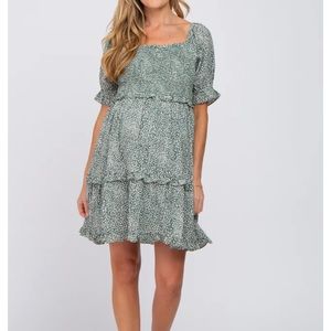 Pinkblush Maternity Forest Green Spotted Square Neck Smocked Ruffle Dress